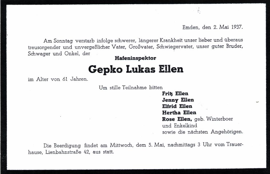 Todesanzeige von Gepko Ellem vom 2. Mai 1937